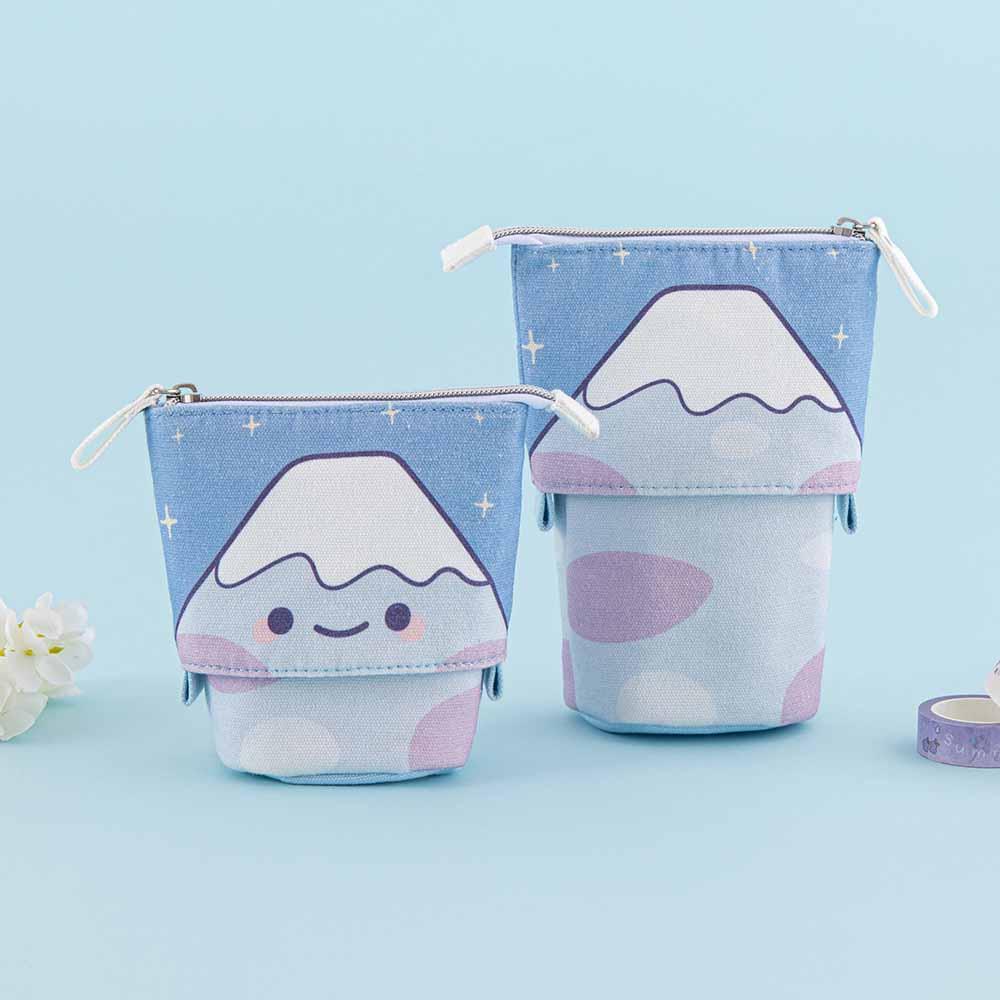 Tsuki ‘Four Seasons’ Fuji Pop-Up Pencil Case by Notebook Therapy x Milkkoyo with Tsuki ‘Four Seasons’ Washi Tapes with white flower in light blue background
