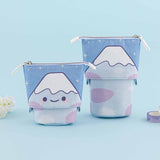 Tsuki ‘Four Seasons’ Fuji Pop-Up Pencil Case by Notebook Therapy x Milkkoyo with Tsuki ‘Four Seasons’ Washi Tapes with white flower in light blue background