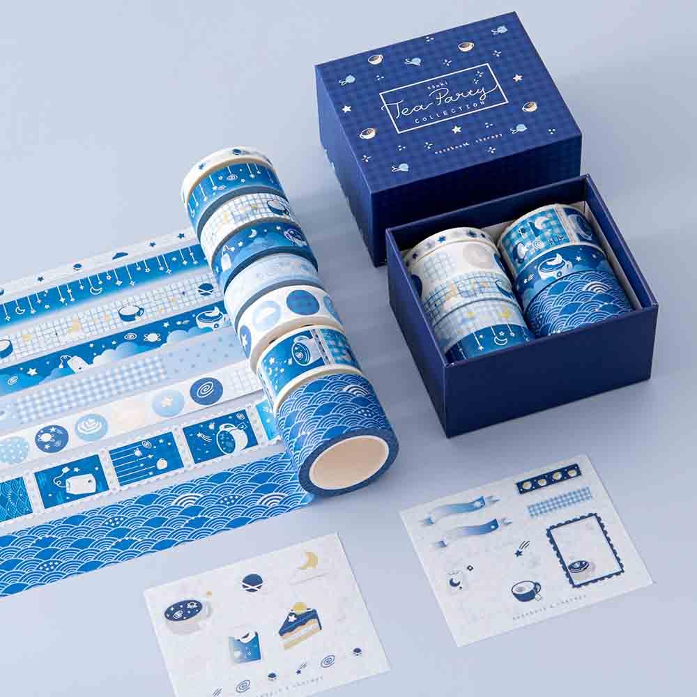 Tsuki ‘Cup of Galaxy’ Washi Tape Set with free sticker sheets on light blue background