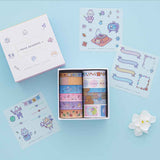 Tsuki ‘Four Seasons’ Washi Tape Set by Notebook Therapy x Milkkoyo with three free stickers sheets with white flower on light blue background