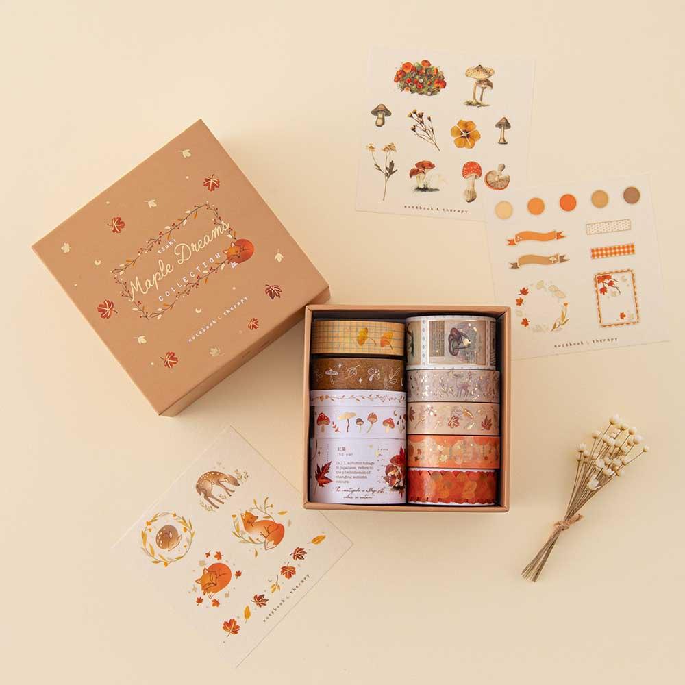 Tsuki ‘Maple Dreams’ Washi Tape Set with free stickers sheet and eco-friendly gift box packaging with dried flowers on cream background
