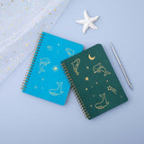 Tsuki Ocean Edition Ring Bound notebooks in aqua blue and deep teal with silver pen and starfish on blue background