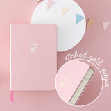 Tsuki ‘Ichigo’ Limited Edition Boba Bullet Journal with etched gold page edges with bunting and bright white circle on light pink background