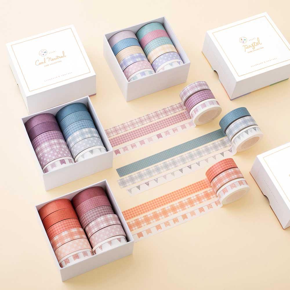Tsuki Core Washi Tape Sets in Cool Neutral and Warm Neutral and Pastel with luxury eco-friendly gift box packaging on beige background