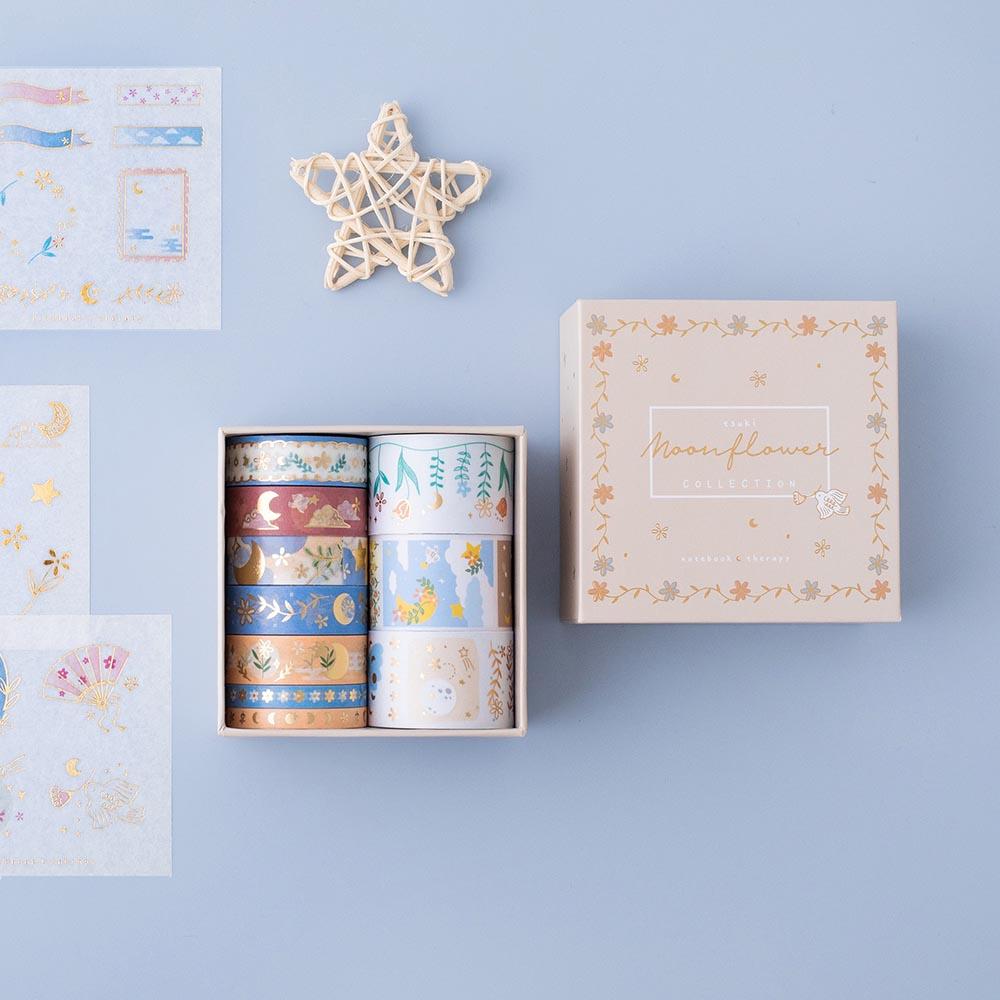 Tsuki ‘Moonflower’ Washi Tape Set with free sticker sheets and luxury eco-friendly box packaging with star on dusty blue background