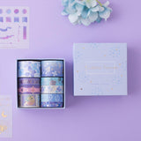 Tsuki Endless Summer Washi Tape Set with free sticker sheets and eco-friendly gift box packaging with light blue hydrangea flowers on lilac background