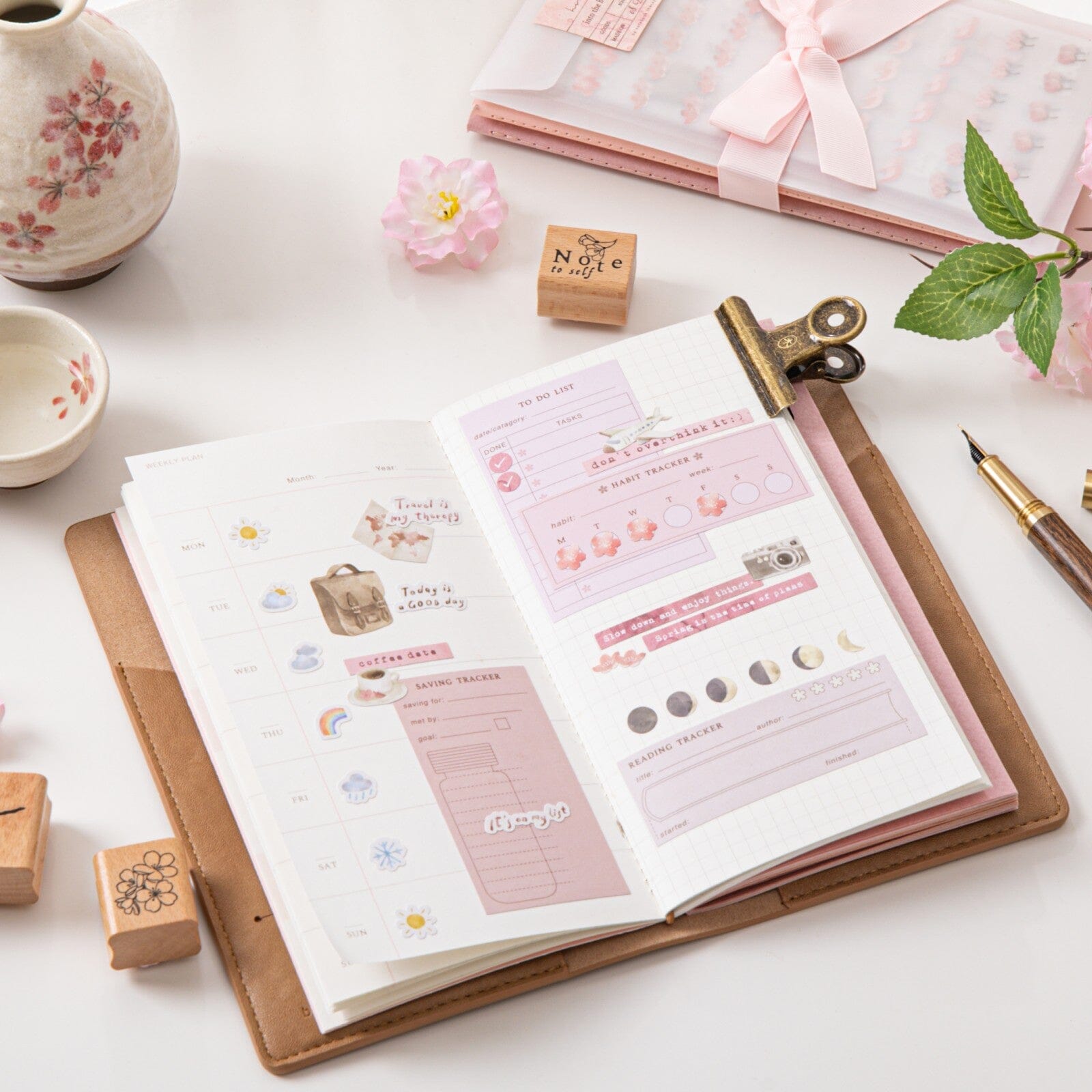 Travel notebook spread with cherry blossom stickers