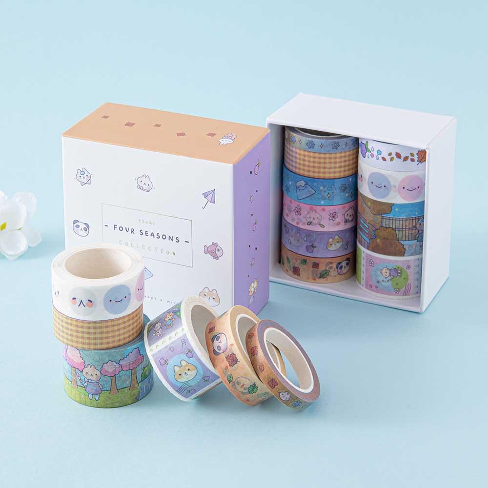 Tsuki ‘Four Seasons’ Washi Tape Set by Notebook Therapy x Milkkoyo with white flower in light blue background