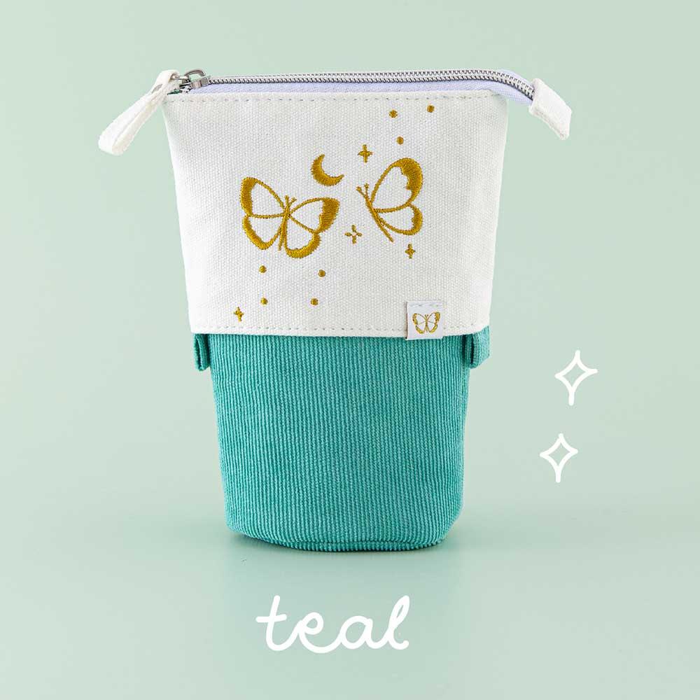 Tsuki ‘Flutter + Dream’ Pop-Up Pencil Case by Notebook Therapy x Pelinkan in teal in mint background