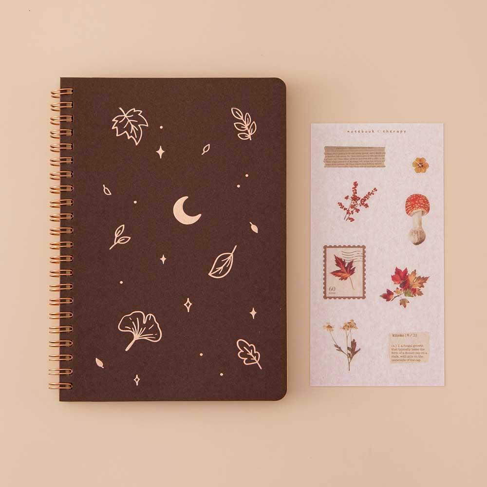 Tsuki ‘Maple Dreams’ Kraft Paper Ringbound Bullet Journal with free autumn sticker sheet on beige background