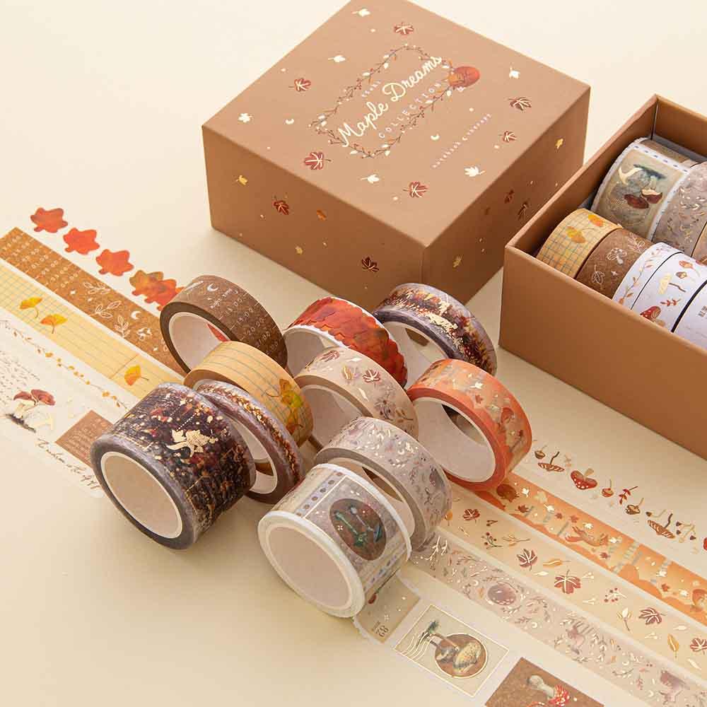 Close up of Tsuki ‘Maple Dreams’ Washi Tape Set and eco-friendly gift box packaging on cream background