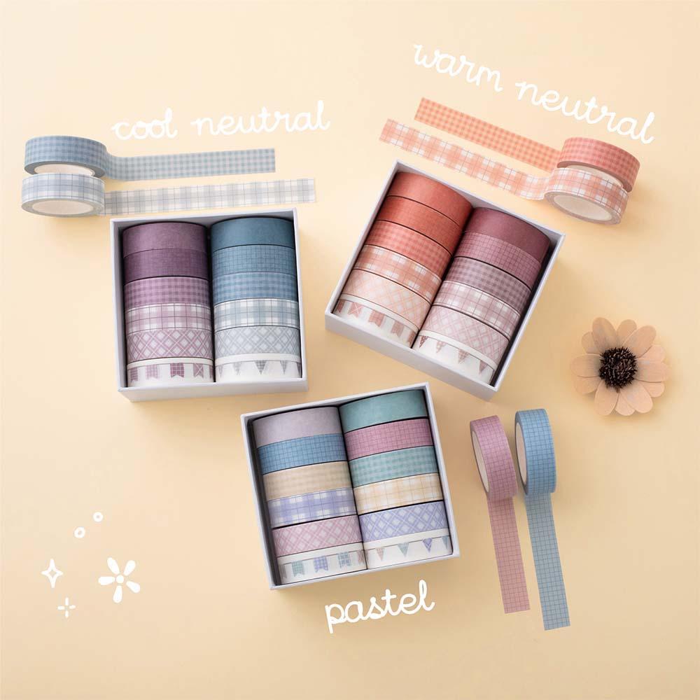Tsuki Core Washi Tape Sets in Cool Neutral and Warm Neutral and Pastel with flowers on beige background