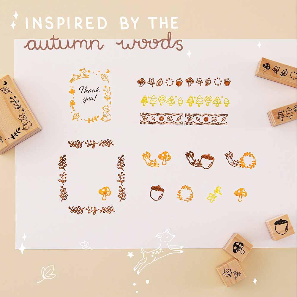 Tsuki ‘Maple Dreams’ Bullet Journal Stamp Set inspired by the autumn woods demonstrated on bright white paper on cream background