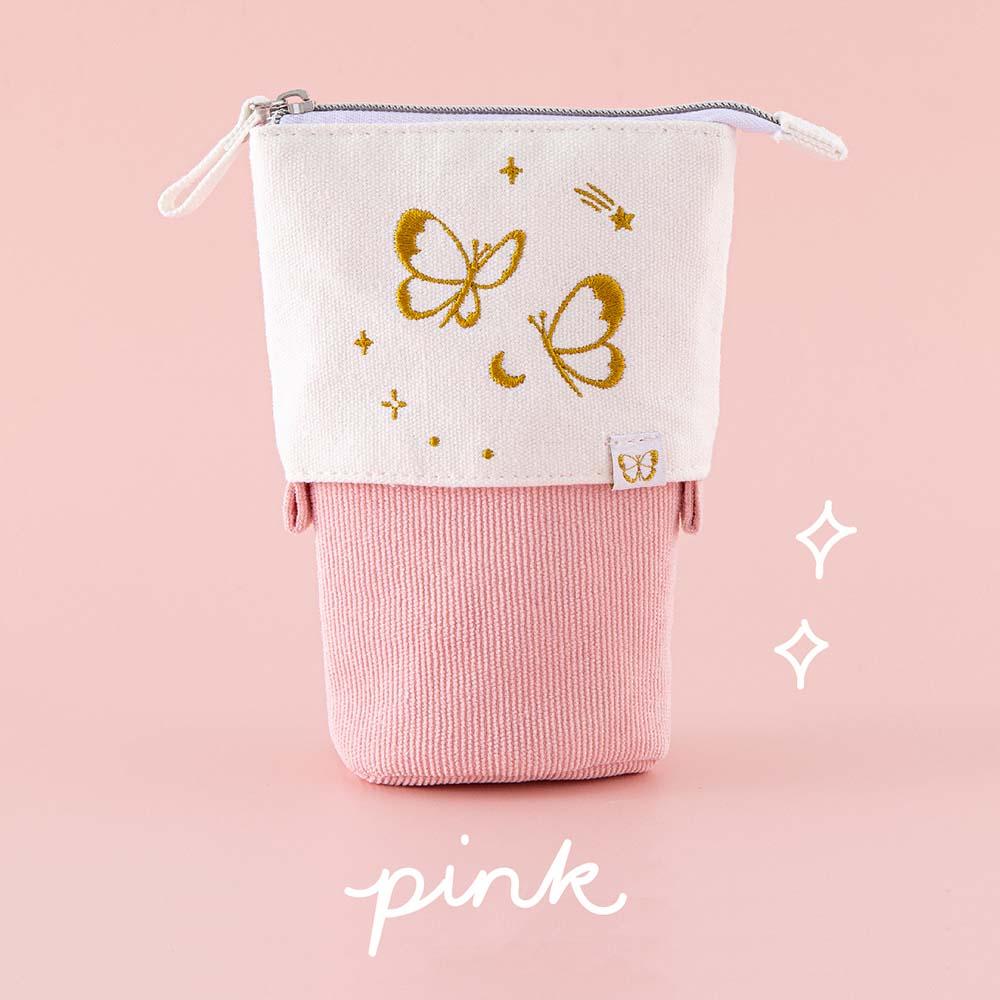 Tsuki ‘Flutter + Dream’ Pop-Up Pencil Case by Notebook Therapy x Pelinkan in pastel pink in pastel pink background