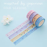 Tsuki ‘Four Seasons’ Washi Tapes by Notebook Therapy x Milkkoyo inspired by the Japanese four seasons with white flower on light blue background