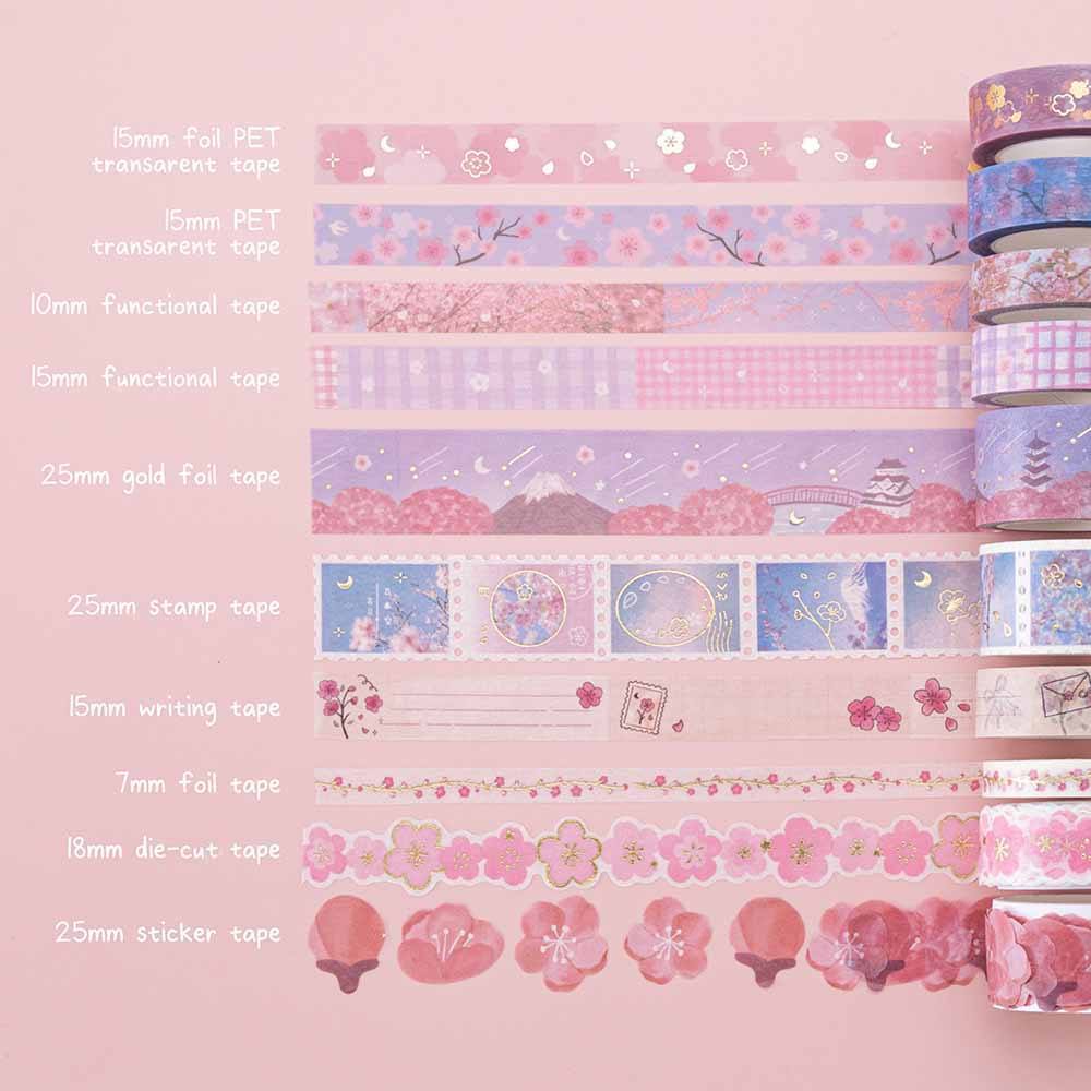 Tsuki ‘Sakura Journey’ Washi Tape Set rolled out in various sizes on light pink background