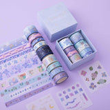 Tsuki Endless Summer Washi Tape Set with free sticker sheets and eco-friendly gift box packaging on lilac background