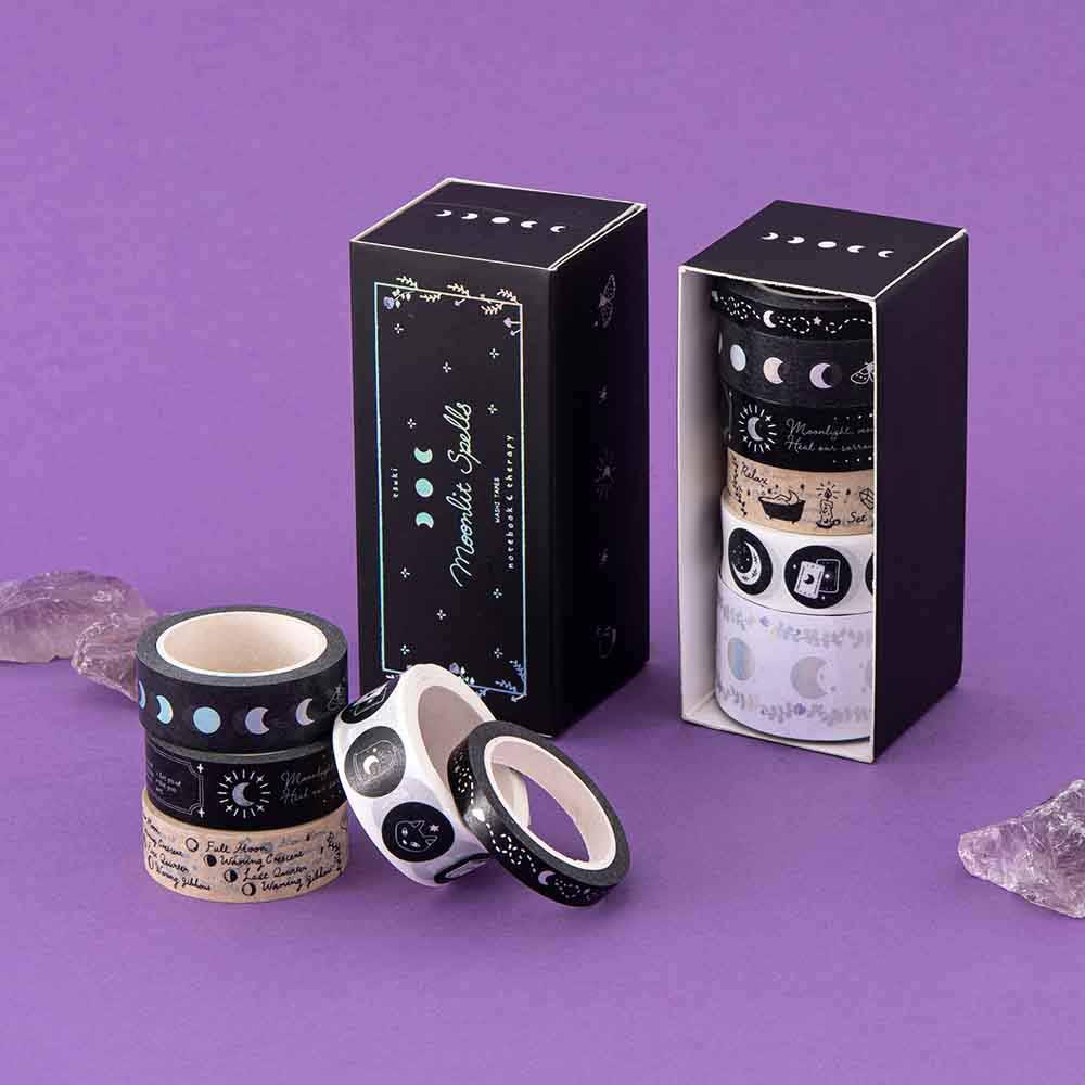 Tsuki ‘Moonlit Spell’ Washi Tape Set with amethyst stones in purple background