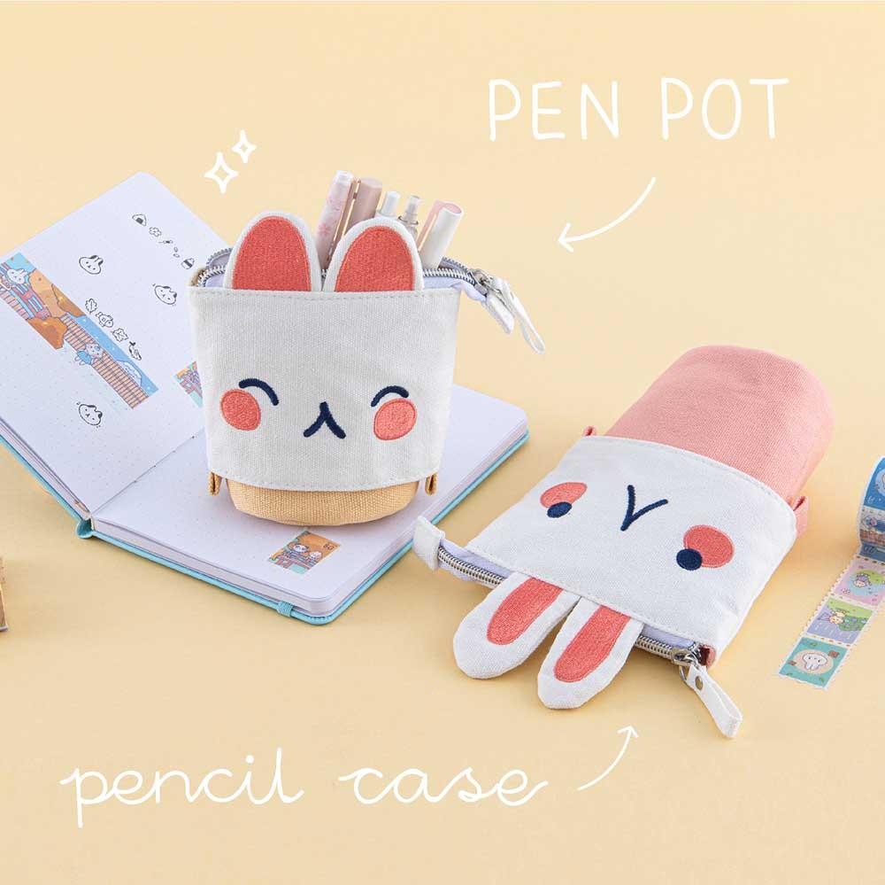 Tsuki ‘Four Seasons’ Embroidered Pop-Up Pencil Case by Notebook Therapy x Milkkoyo in kitty and bunny that doubles as a pen pot on open bullet journal pages with Tsuki ‘Four Seasons’ Washi Tapes on honey yellow background