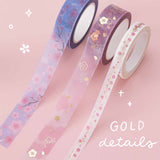 Close up of Tsuki ‘Sakura Journey’ Washi Tapes with gold details on light pink background
