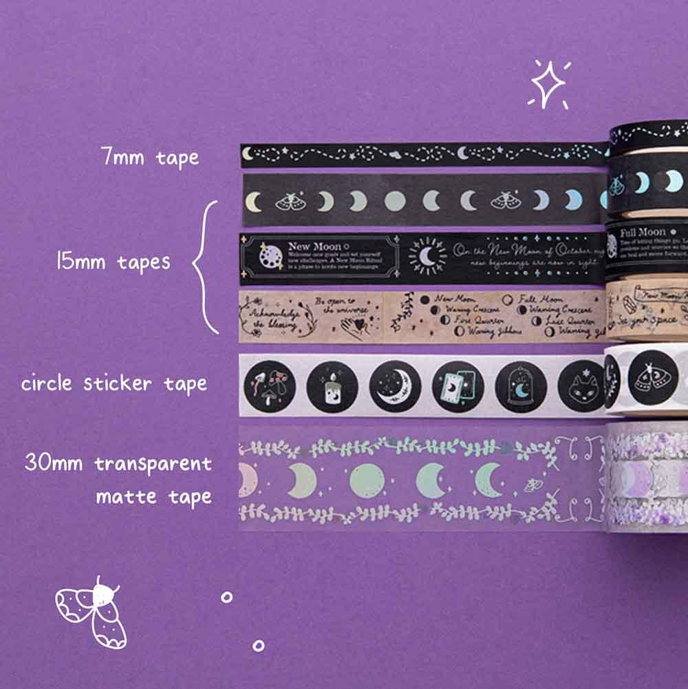Moonlit Spell’ Washi Tape Set in various sizes on purple background