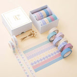 Tsuki Core Washi Tape Set  in Pastel with luxury eco-friendly gift box packaging and flowers at an angle on beige background