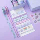 Tsuki Endless Summer Washi Tape Set on white card with free sticker sheets and eco-friendly gift box packaging on lilac background