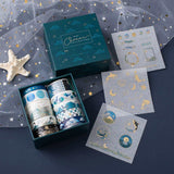 Tsuki Ocean Edition Washi Tapes and sticker sheet set with reusable eco-friendly gift box and starfish on dark blue background