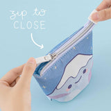 Tsuki ‘Four Seasons’ Fuji Pop-Up Pencil Case by Notebook Therapy x Milkkoyo with zip to close held in hands on light blue background