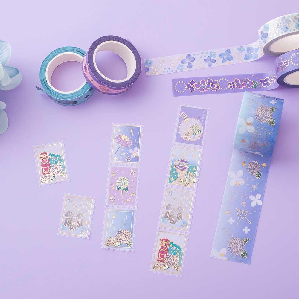 Tsuki Endless Summer Washi Tape Set with light blue hydrangea flowers on lilac background