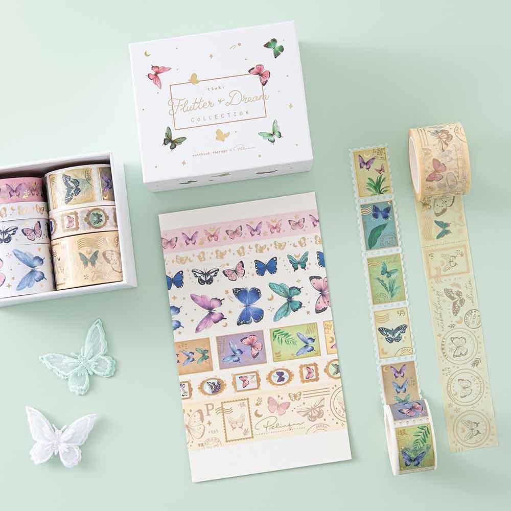 Tsuki ‘Flutter + Dream’ Washi Tape Set by Notebook Therapy x Pelinkan on white card with butterflies on mint background