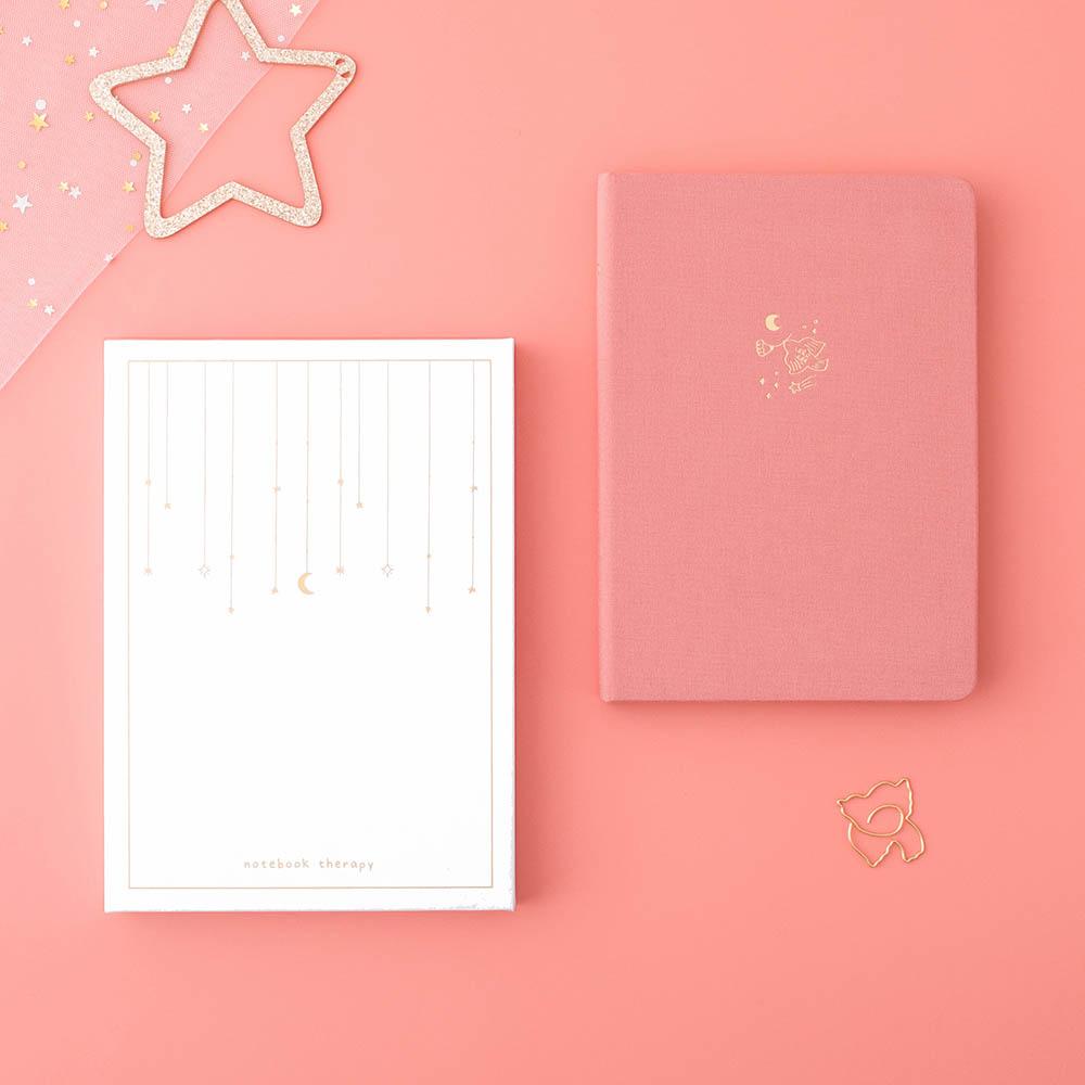 Tsuki ‘Suzume’ Limited Edition Bullet Journal with free gift and luxury eco-friendly box packaging with star and netting on coral pink background