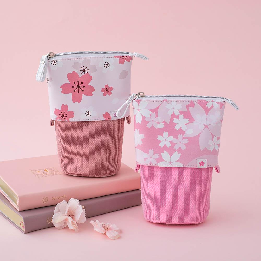 Blush pink and petal pink sakura themed pop-up pencil case with bullet journal notebooks