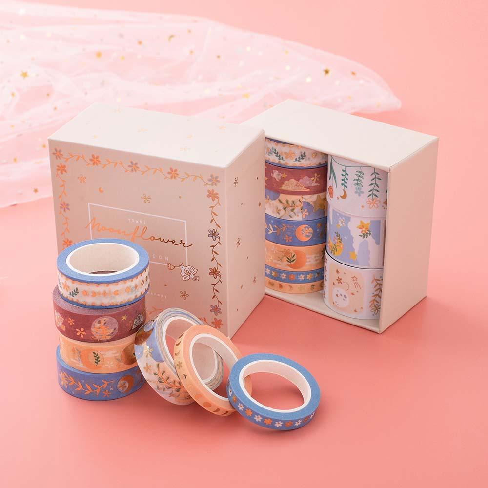 Tsuki ‘Moonflower’ Washi Tape Set with luxury eco-friendly box packaging with netting on coral pink background
