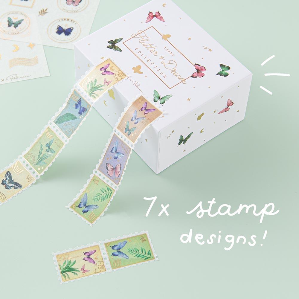 Tsuki ‘Flutter + Dream’ Stamp Washi Tape by Notebook Therapy x Pelinkan with seven different designs on mint background