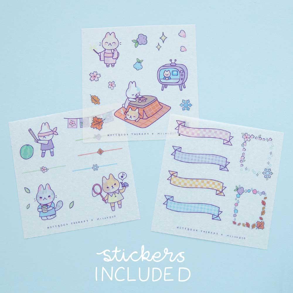 Tsuki ‘Four Seasons’ Washi Tape Set by Notebook Therapy x Milkkoyo three free sticker sheets on light blue background