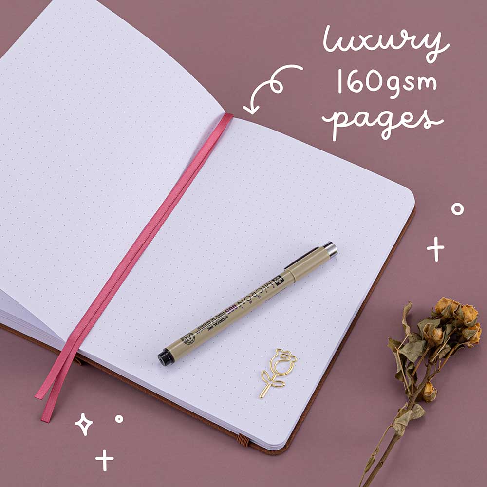 Open Tsuki ‘Vintage Rose’ Limited Edition Bullet Journal with 160GSM pages with pen and dried flowers on mauve background