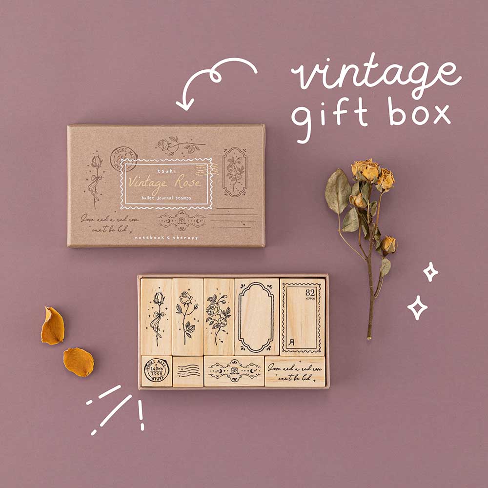 Tsuki ‘Vintage Rose’ Bullet Journal Stamp Set with vintage gift box with dried roses on mauve background