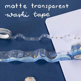 2 rolls of transparent matte PET washi tape rolls on bullet journal with the words ‘matte transparent washi tape’ written in white