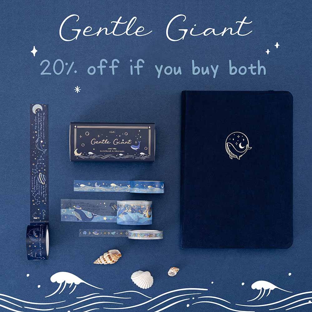 Gentle Giant collection  featuring deep blue velvet bullet journal with an illustration of a whale in gold foil on the cover and a set of ocean-themed wash tapes against deep blue background with the text ‘20% off if you buy both’ written on top