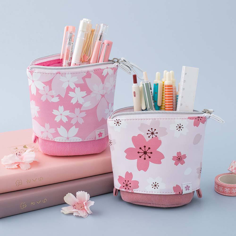 Korean Pencil Case Pink with Butterfly & Light Pink Flower Design