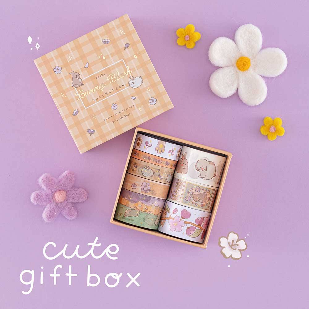 Tsuki Bunny Blush Washi Tape Set designed with Blossom Bujo with cute gift box with felt flowers on lilac background
