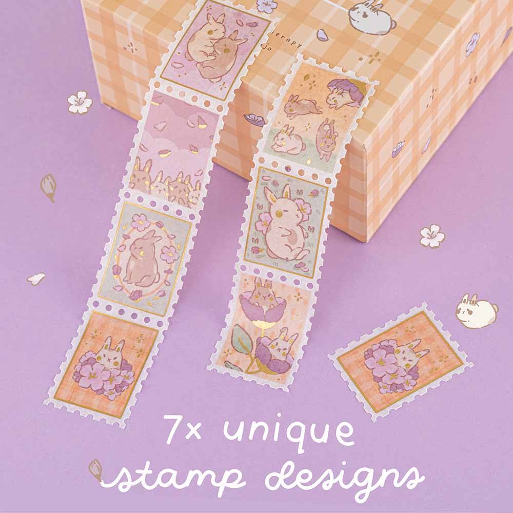 Stamp tape from Tsuki Bunny Blush Washi Tape Set designed with Blossom Bujo with seven unique stamp designs on lilac background