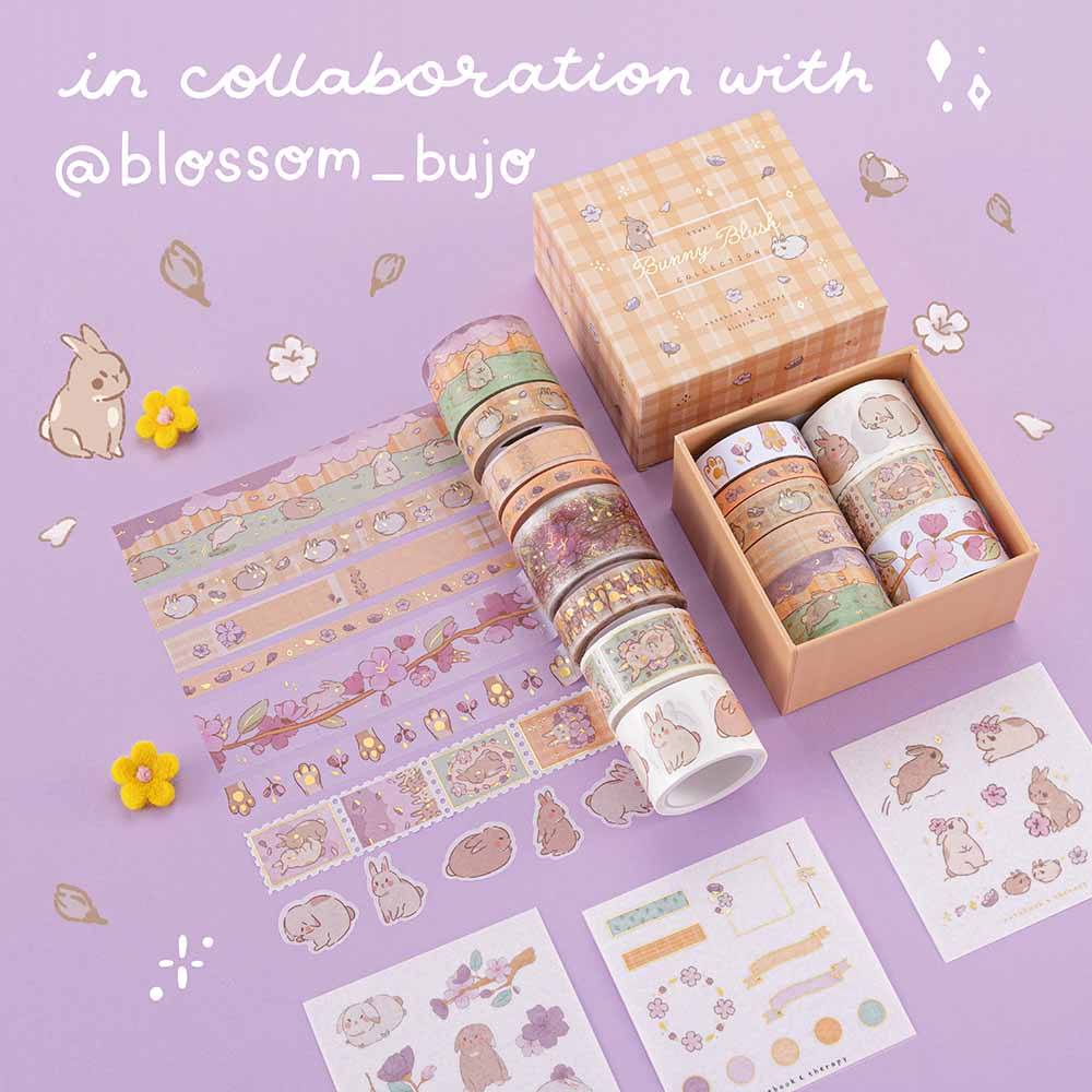Tsuki Bunny Blush Washi Tape Set designed with Blossom Bujo rolled out with free stickers sheets with felt flowers on lilac background