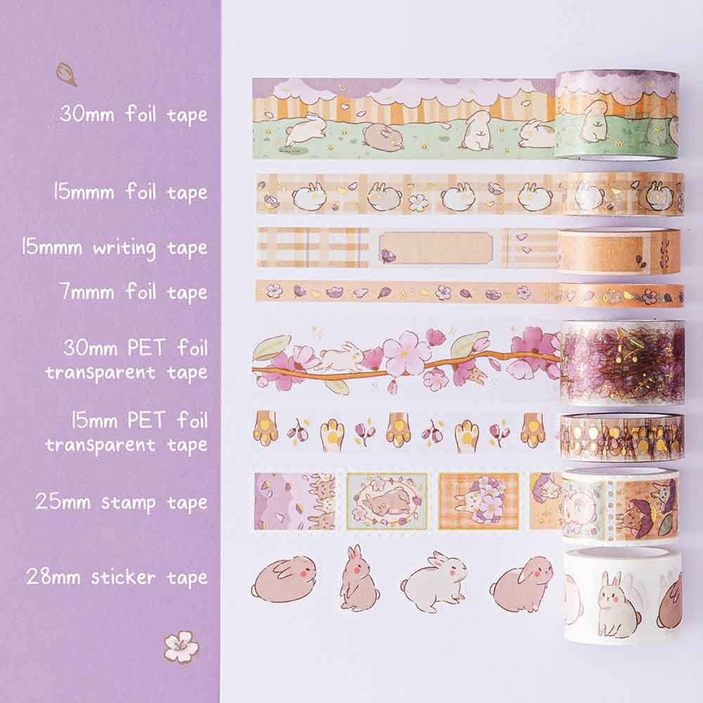Tsuki Bunny Blush Washi Tape Set designed with Blossom Bujo in various sizes rolled out on white card on lilac background