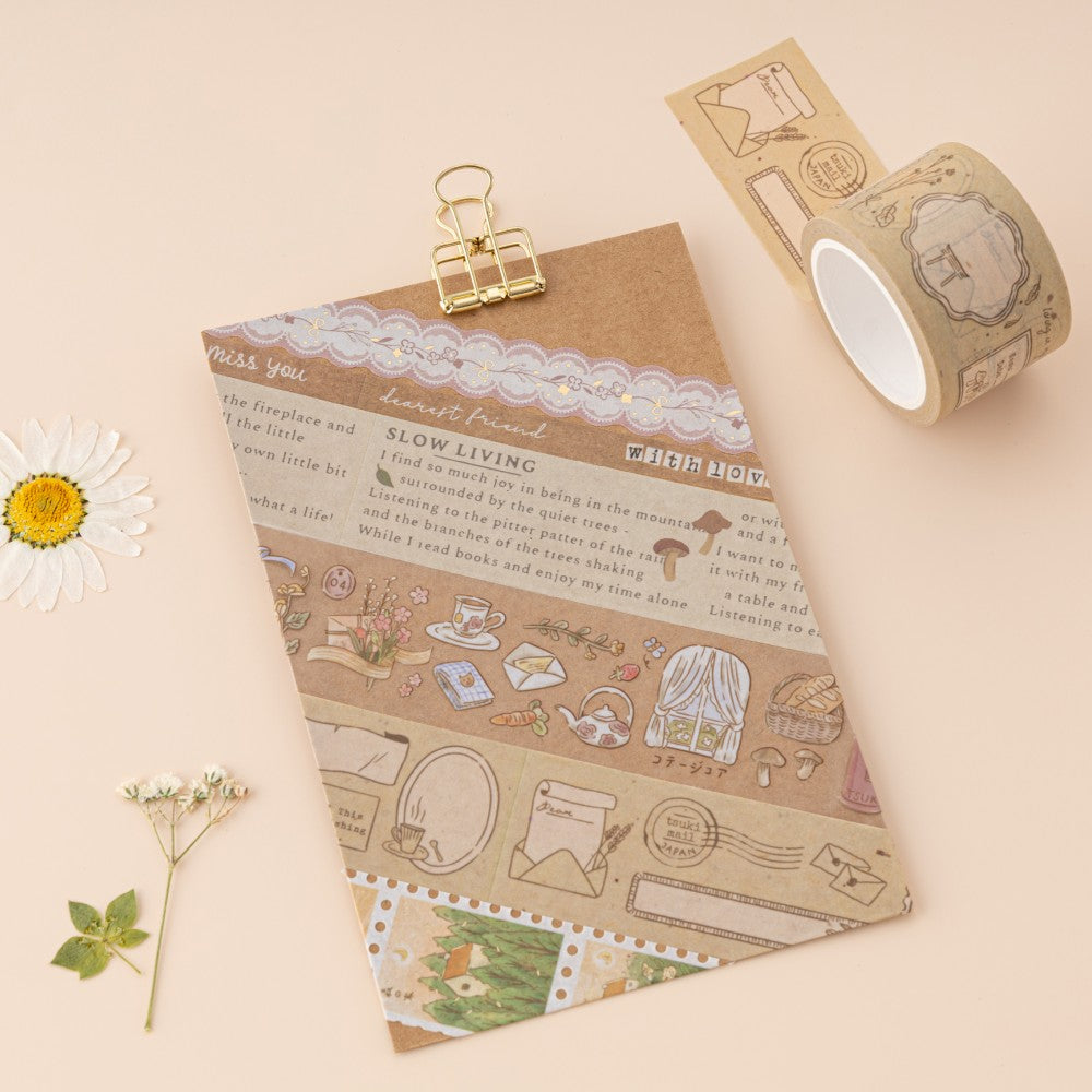 Cottage Friends washi tape swatch on kraft paper with gold clip