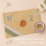 Stamp washi tapes, lace and green gingham on kraft envelope