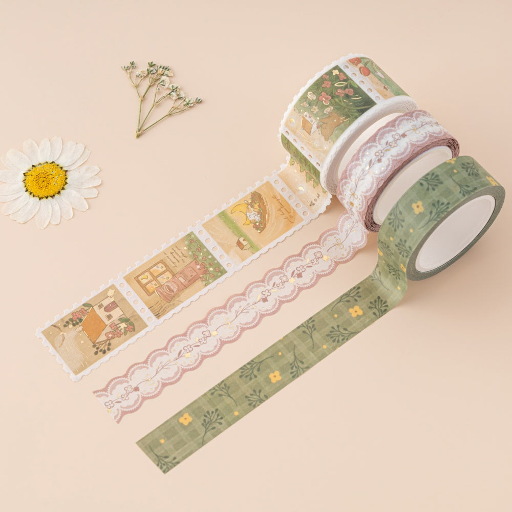 Stamp washi tape, diecut and green gingham washi tapes on beige background