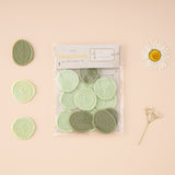 Green wax seal sticker set with 3 designs: plant, moon and leaf