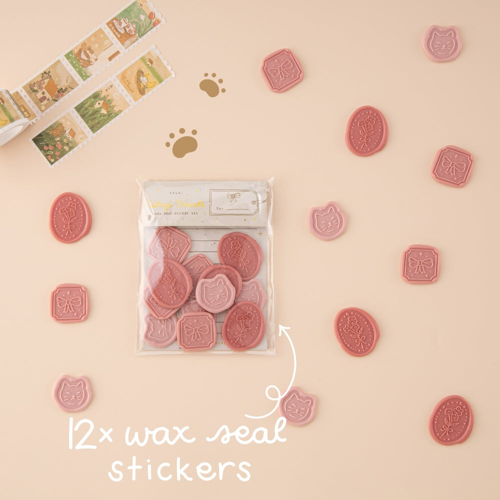 Pink wax seal sticker set in a pack with wax seal stickers around and lettering that says 12x wax seal stickers